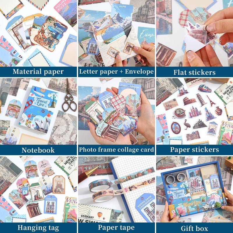 icceemee Scrapbooking Supplies Kit, Travel Diary Theme Scrapbooking Kit for Bullet Junk Journaling, Stationery, A6 Grid Notebook, Flower DIY Journaling Supplies, Birthday Craft Gift for Teen Girls - Image 3